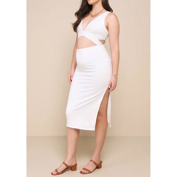 Lulus Divide and Contour White Ribbed Cutout Bodycon Midi Dress Sz Medium Womens - Picture 15 of 16